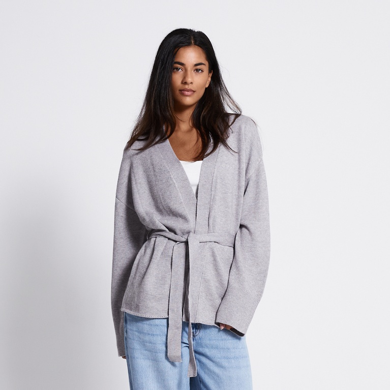 Tie waist knit cardigan "Colette" Grey Melange